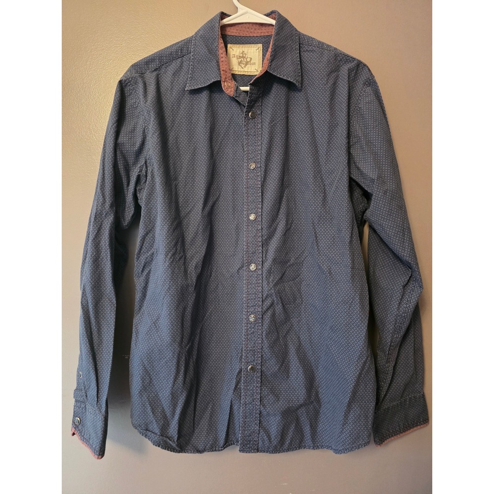Age of Wisdom Mens Blue Geometric Print Snap Front Cotton Button Down Shirt M